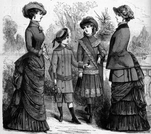 Franse vrouwelijke en kindermode in de 19e eeuw. Advertentie van 1882. Gravure in 