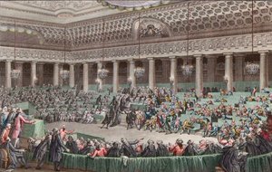 Franse revolutie - De Nationale Vergadering doet afstand van alle privileges, 4 augustus 1789, gegraveerd door Helman - Assemblee - Nationale Afstand van alle - privileges, in Versailles, Zitting van de - Nacht van 4 op 5 augustus 1789 door Unknown artist