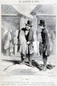 Fripier uit de tempelwijk in Parijs probeert kleding te verkopen aan een man. Gravure uit de 19e eeuw. door Unknown artist