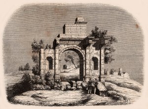 Vooraanzicht van de Romeinse boog van Djemilah in Algerije: twee Franse soldaten poseren voor de ruïnes
