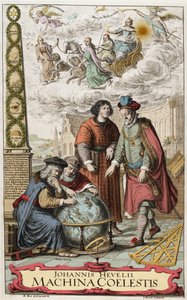 Frontispice van Machina coelestis door Johannes Hevelius (Jan Heweliusz) (1611-1687) 1673 - Johannes Hevelius (1611-87) Poolse astronoom; afbeelding toont de vier grote astronomen, Hipparchus (ca. 190-120 v.Chr.), Ptolemaeus (83-161 n.Chr.) door Unknown artist