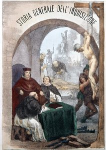 Frontispice van De Algemene Geschiedenis van de Inquisitie door Pietro Tamburini met een illustratie die scènes van symbolische inquisitie uitbeeldt. Milaan 1850 door Unknown artist