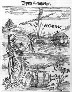 Frontispice van geometrie in de "Margarita Philosophica" door Gregor Reisch (1467-1525)