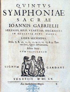 Frontispice van het tweede boek van Sacrae symphoniae door Giovanni Gabrieli door Unknown artist