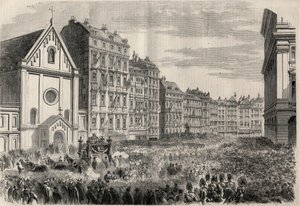 Begrafenis van Keizer Maximiliaan I van Mexico (1832-1867): aankomst van de begrafenisstoet voor de Kapucijnenkerk van Wenen. Gravure in 