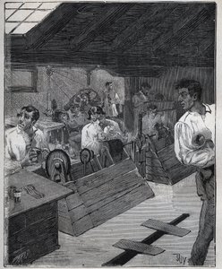 Galvanische vergulding: schrapen van gouden sieraden met een schraper-boesse. Gravure uit 1885 in 
