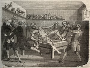 Galvanisatie van het lijk van een beul met de stapel van Alessandro (Alexandre) Volta: onder invloed van elektriciteit lijkt het lijk weer tot leven te komen. Gravure uit 1856 in 