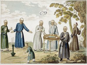 Spelletjes en mannen die thee drinken in China - 19e eeuw, gravure