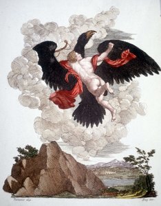 Ganymedes ontvoerd door Jupiter (Zeus) getransformeerd in een adelaar - gravure door Unknown artist
