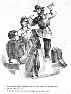 Garibaldi: Meneer Camillo (Cavour), als u zo langzaam gaat, zullen we nooit klaar zijn. Cavour: Wie langzaam gaat, gaat ver. Garibaldi: Dat klopt, maar wie tijd heeft, wacht niet op tijd. Satirische gravure door Il Fischietto