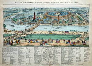 Algemeen overzicht van de Wereldtentoonstelling van 1867 in Parijs. Onderaan: het park van de militaire school van de Champ de Mars. Gravure Parijs, Musee Carnavalet