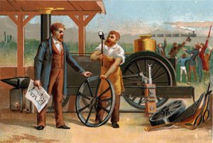 George Stephenson (1781-1848) afgebeeld met een van zijn uitvindingen: de locomotief. Late chromolithografie uit de 19e eeuw