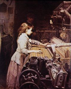 Meisje werkt in een mechanische spinnerij, eind 19e eeuw
