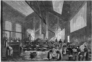 Glas triage werkplaats, rue de Crimee in Parijs. Gravure in "La Nature: revue des sciences et de leurs applications aux arts et a l