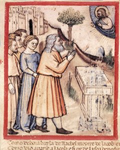 God verschijnt aan Jacob die een miniatuur altaar heeft opgericht uit codex 212 (of padovano codice of Bijbel van Padua). 1390-1400. Rovigo, Accademia dei Concordi door Unknown artist