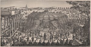 Groot banket gegeven door Tamerlan (1336-1405) in de vlakte van Khani Gheul om het huwelijk van zijn kleinkinderen te vieren. Gravure 19e eeuw. door Unknown artist