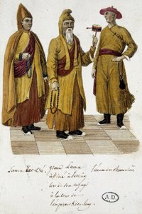 Grote Lama en Lama Lao-Tseu (?) bezoeken het hof van Peking - gravure