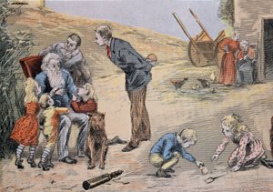 Grootvader legt catechismus uit aan de kinderen. In 