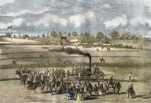 Groot-Brittannië: Landbouw, ploegscène. Boydell stoomploeg bij Louth in 1854. door Unknown artist