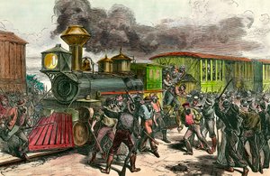 Staking op de spoorlijn tussen Baltimore en Ohio. Arbeiders jagen bestuurders en ingenieurs van een trein die naar Baltimore gaat. 1877 19e-eeuwse gravure Privécollectie door Unknown artist