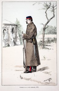 Vredesbewakers mobiliseren (1871). Kleurgravure, ter illustratie van het boek Histoire du corps des gardiens de la paix, gepubliceerd onder auspiciën van Louis Lepine (1846-1933) prefect van politie van de Seine, door Alfred Rey (1864-?) en Louis Feron (18