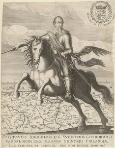Gustav II. Adolf voor een kaart van Pommeren door Unknown