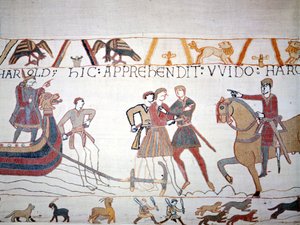 Harold II landde in Normandië waar hij werd gevangengenomen door Willem I de Veroveraar. Tapijt van Bayeux, bekend als Borduurwerk van Koningin Mathilde door Unknown artist