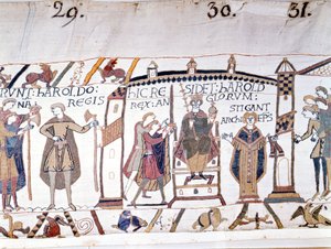 Harold II (1022 - 1066) werd uitgeroepen tot koning na de dood van Edward de Belijder in 1066 maar stierf al snel in de Slag bij Hastings. Tapijt van Bayeux of Borduurwerk door Koningin Mathilde door Unknown artist