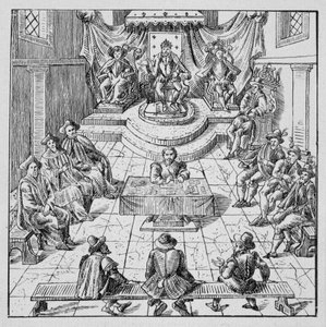 Hendrik III (1551 - 1589) houdt de Staten-Generaal in Blois in 1576 - in Collection of 39 figures representing the calamities of France from 1562 to 1586; Louis Perrin imprimerie door Unknown artist