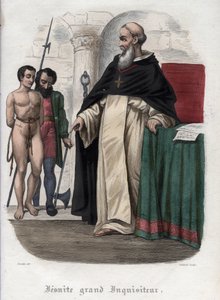 Ketterse gevangene en Jezuïet Grootinquisiteur tijdens het bewind van paus Clemens VIII (1592-1605). Gravure uit 1842 in Histoire des popes door Maurice Lachatre. Privécollectie. door Unknown artist