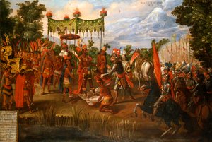 Hernan Cortes ontmoet Keizer Moctezuma door Unknown artist
