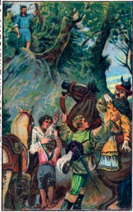 Geschiedenis van Guillaume Tell (Wilhelm Tell) (legendarische held van de Zwitserse onafhankelijkheid): de dood van Gessler. Chromolithografie uit het einde van de 19e eeuw.