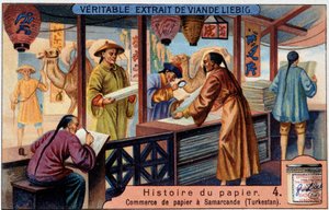 Geschiedenis van Papier. 4. Papierhandel in Samarkand (Turkestan). Liebig chromolithografie door Unknown artist