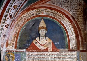 Geschiedenis van Sint Franciscus van Assisi: voorstelling van paus Innocentius III, die de bul toont die de Franciscaner regel bevestigt in 1210 door Unknown artist