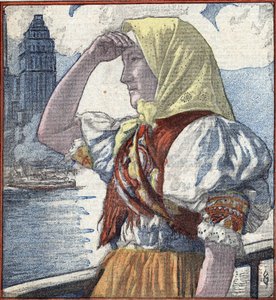 Geschiedenis van immigratie in Amerika: een jonge immigrantenvrouw komt aan in Ellis Island met New York in de verte Illustratie uit "Le Pelerin" 15 april 1934 Privécollectie door Unknown Artist