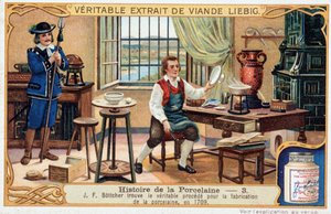 Geschiedenis van porselein: Johann Friedrich Bottger (Böttcher of Böttiger) (1682-1719) ontdekt de ware methode voor het maken van porselein in 1709 - Liebig chromolithografie door Unknown artist