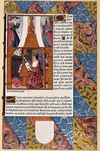 Geschiedenis van de drukkunst: uitgever Antoine Verard (? -1513) componeert zijn boek. Uit een manuscript uit 1494. door Unknown artist