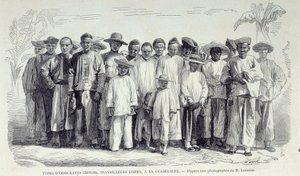 Geschiedenis van de Franse koloniën: Chinese immigranten werken in Guadeloupe. Tekening naar foto uit het einde van de 19e eeuw door Unknown artist
