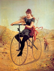 Geschiedenis van de fiets: velocipedist of een vrouw die op een fiets trapt door Unknown artist