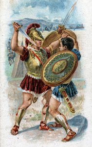 Geschiedenis van het leven van Achilles, legendarische held van de Trojaanse Oorlog: Achilles vecht tegen Hector om de dood van Patroclus te wreken. Chromolithografie uit 1890. door Unknown artist