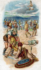 Geschiedenis van het leven van Achilles, legendarische held van de Trojaanse Oorlog: dood van Achilles, aan de voet van de muren van Troje, zijn hiel, zijn zwakke punt, doorboord door een pijl geschoten door Paris. Chromolithografie van 1890 door Unknown artist