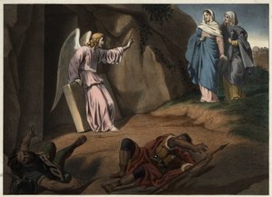 Heilige vrouwen bezoeken Christus bij het graf. Anonieme gravure uit de 19e eeuw.