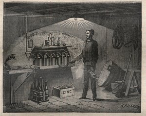 Thuis Elektriciteit: Installatie van de batterij uitgevonden door Radiguet in een kelder - Gravure in 