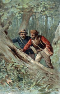 Honingjagers in Canada op zoek naar een zwermboom. Chromolithografie van het einde van de 19e eeuw.