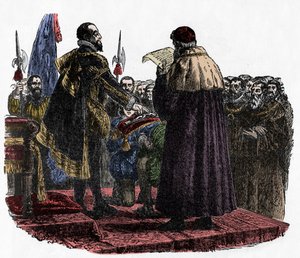 Hugh Capet legt de Soevereinede Eed af - Hugues Capet (circa 941-996) koning van de Franken, legde de Soevereinede Eed af in 987 -1882 door Unknown artist