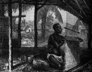 Menselijke dierentuin: wever uit Gabon op de Wereldtentoonstelling van 1889. Gravure in 