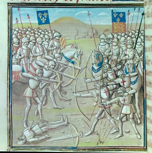 Honderdjarige Oorlog: de Slag bij Crécy op 26/08/1346 tussen de Fransen en de Engelsen. Miniatuur uit een 14e-eeuws manuscript Parijs, Bibliothèque de l