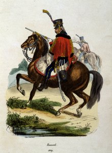 Huzaren te paard van het Napoleontische leger - Gravure