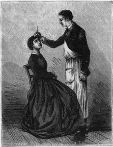 Hypnotisme verschijnselen: Hypnotisme geproduceerd door het fixeren van een potloodhouder tussen de ogen. Gravure uit 1881. door Unknown artist
