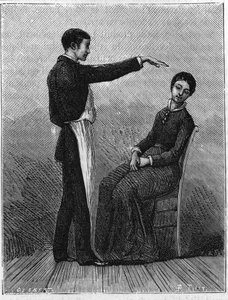 Hypnotisme verschijnselen: hypnotisme wordt geproduceerd door plotseling de hand voor de patiënt uit te strekken. Gravure uit 1881. door Unknown artist